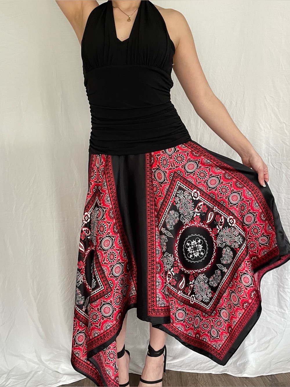 Vintage Halter Red & Black Bandana Print Handkerchief Hem Midi Dress